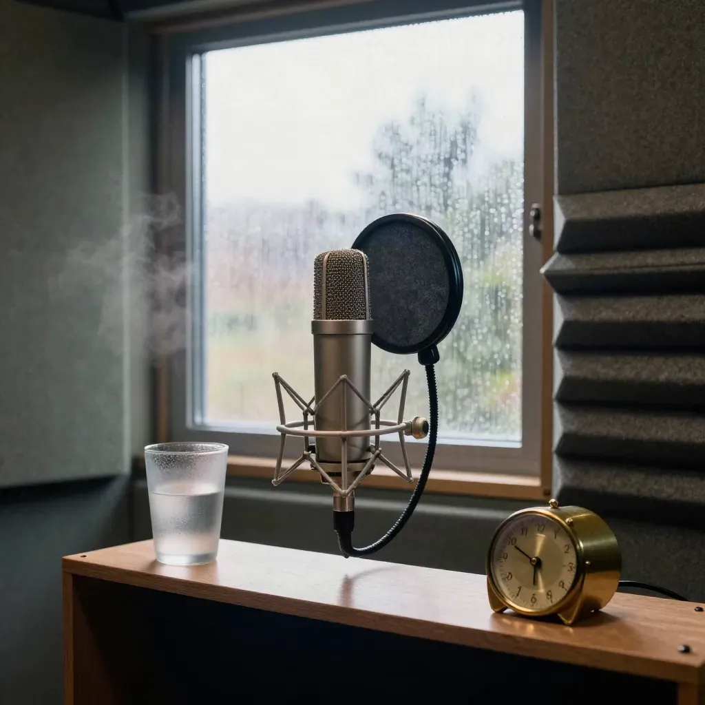 Soundproof vocal booth with mic, pop filter, water glass and timer in rainy dawn light.