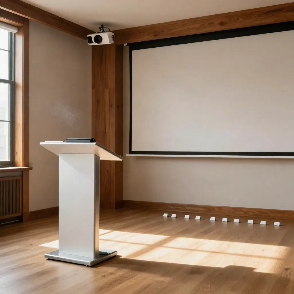 Modern presentation corner with lectern, clicker case, projection surface and stage markers in warm light