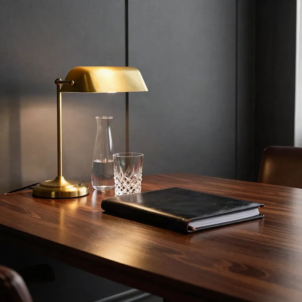 Executive boardroom setup with folio, carafe, and brass lamp in moody rehearsal light.