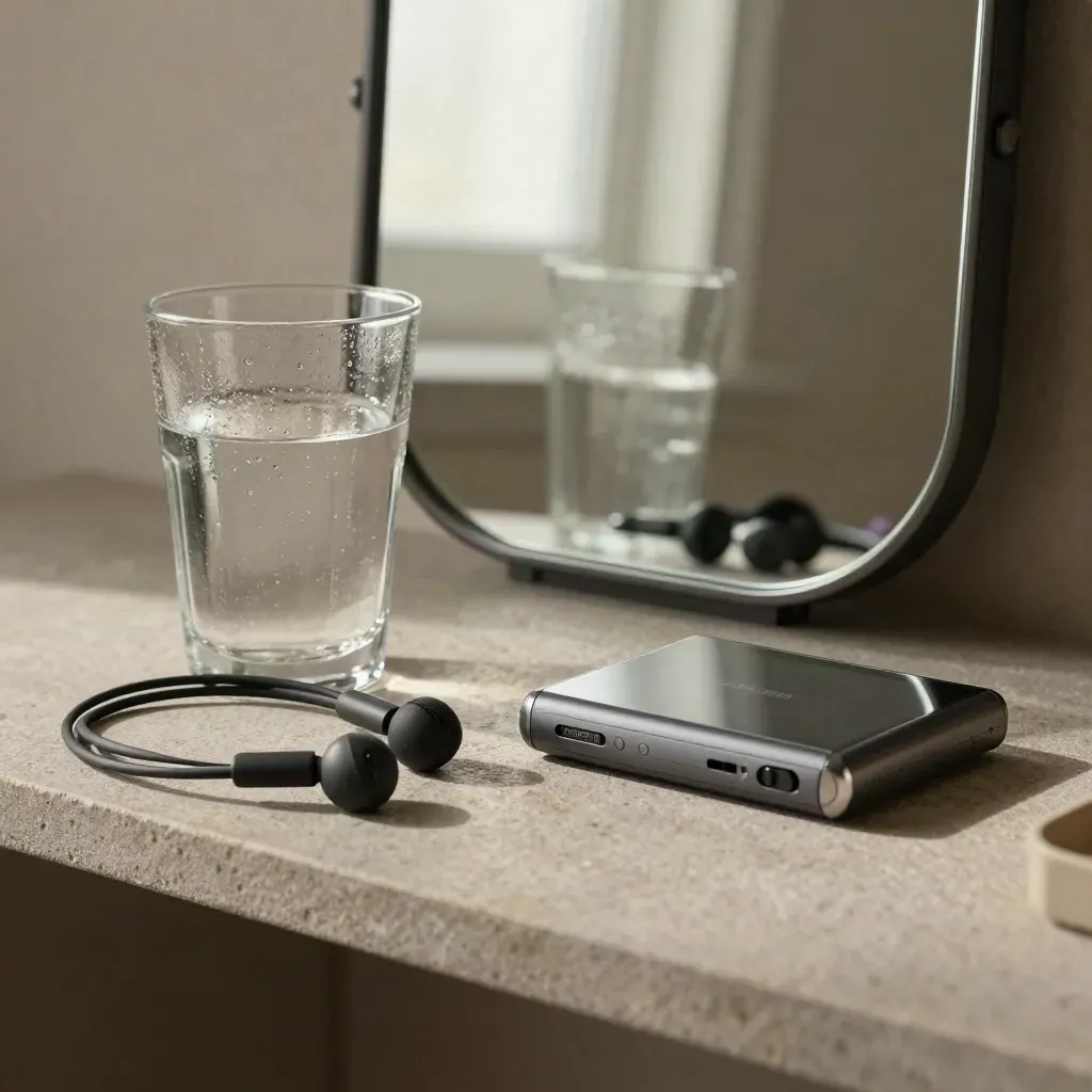 Stone shelf with mirror, water glass, earbuds, and recorder in a quiet accent-reduction setup.