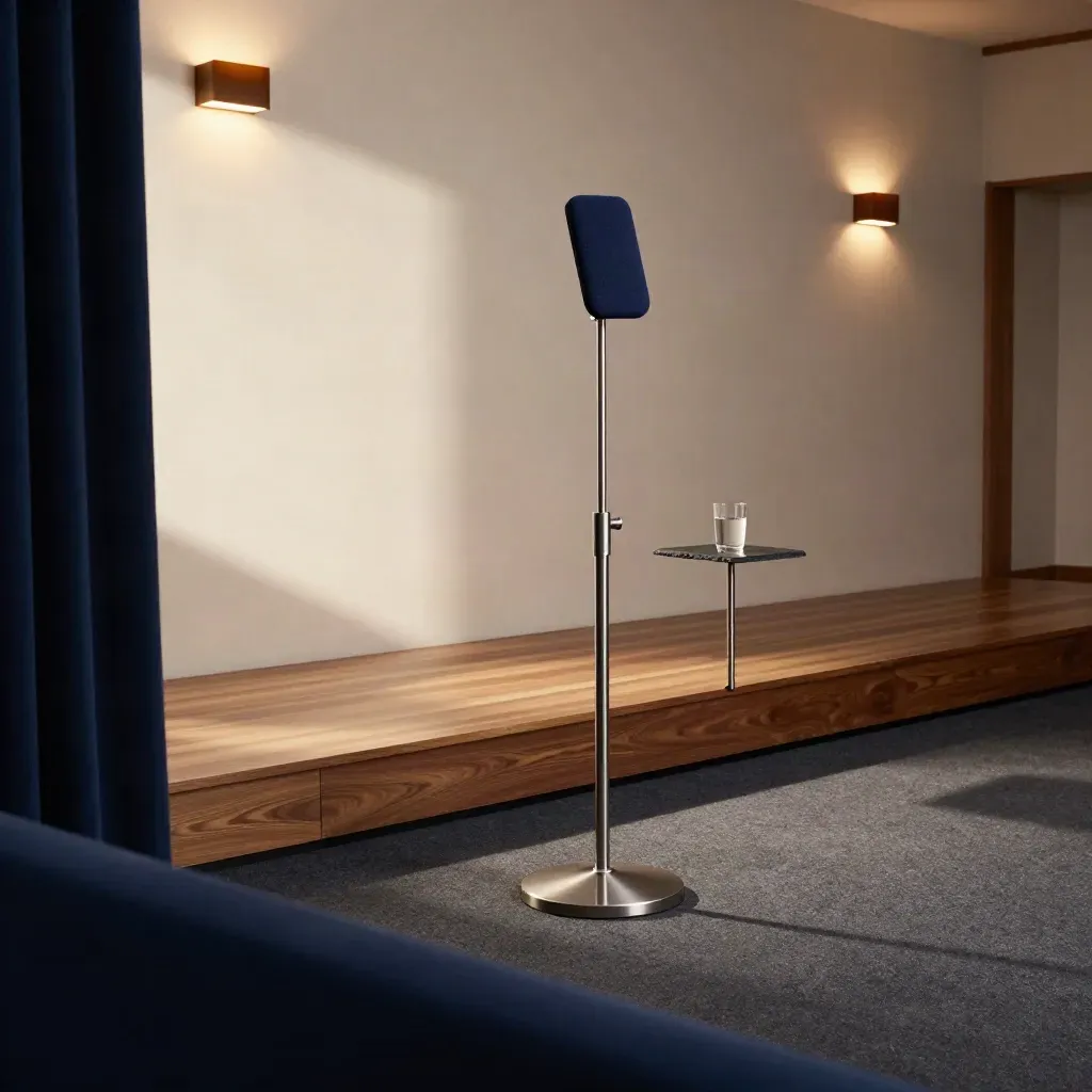 Empty voice coaching demo room with mic stand, stage riser, water glass, and warm window light.
