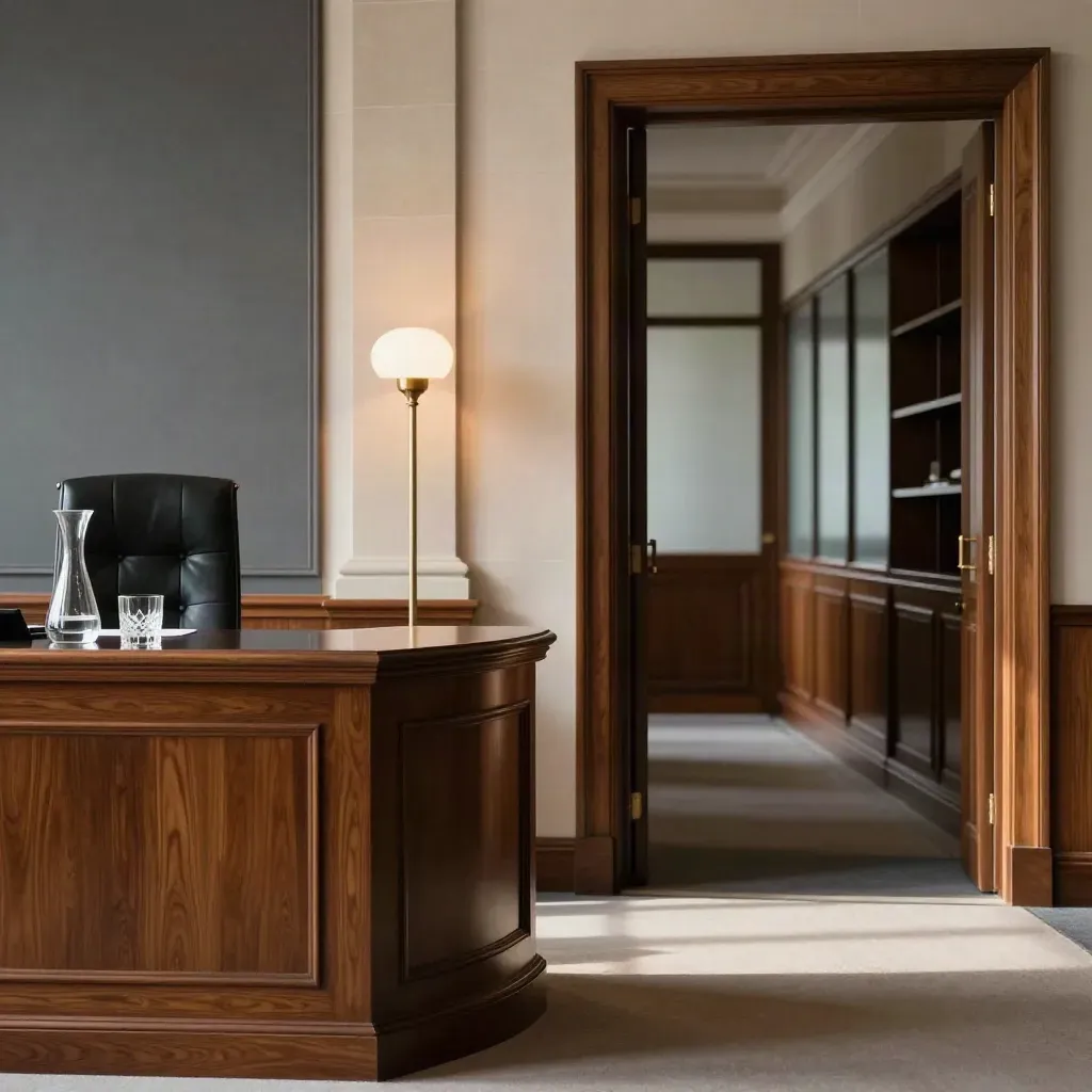 Empty legal prep corner with lectern, carafe, leather chair, and brass lamp.