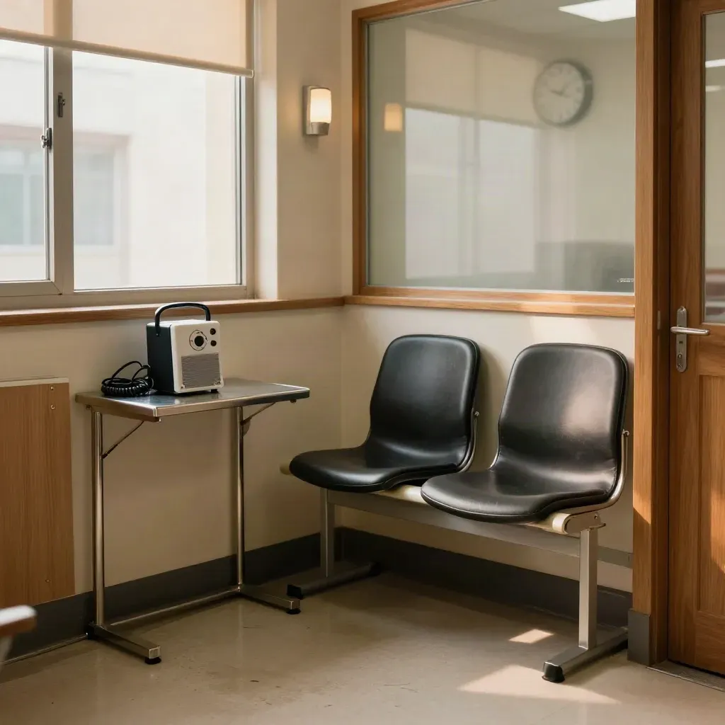 Empty hospital briefing corner with voice amplifier, stacked chairs, bench, and blurred wall clock.