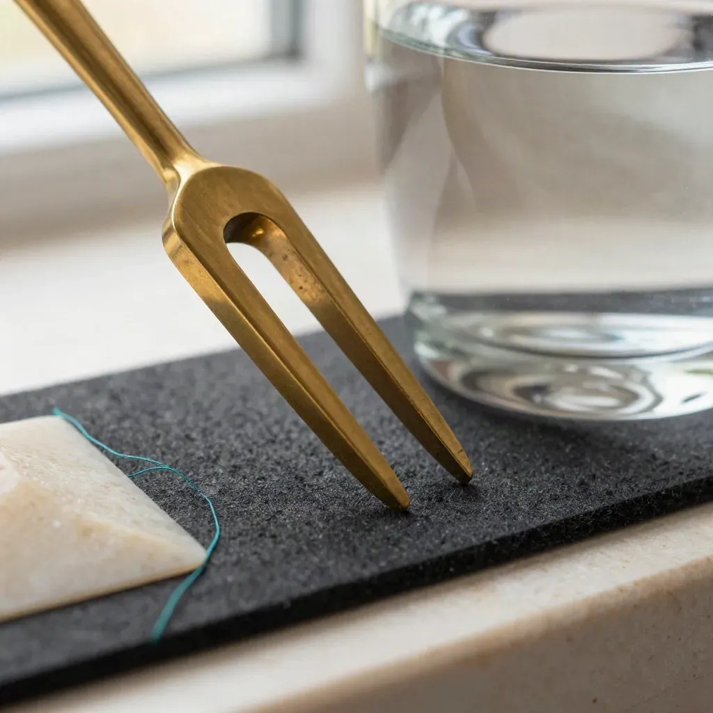 Brass tuning fork vibrating against a water glass on acoustic felt.