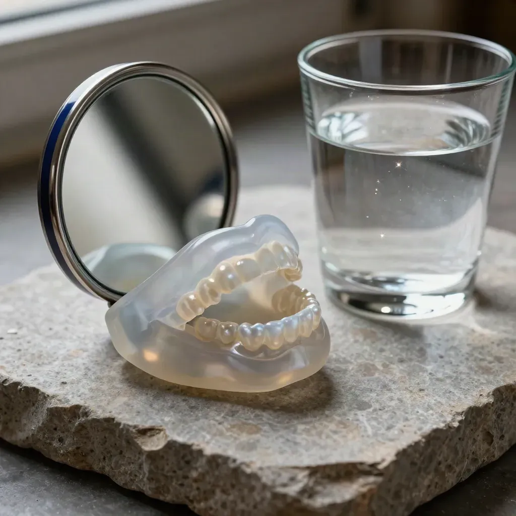 Translucent mouth model, compact mirror, and water glass on stone in a clinical macro still life.