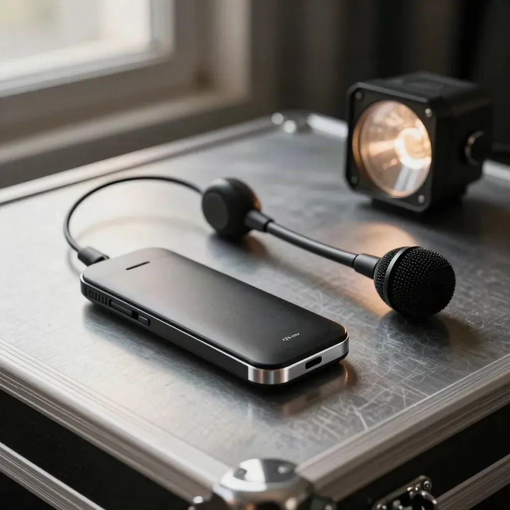 Wireless clicker, headset mic, and stage cue light on brushed metal in soft daylight.