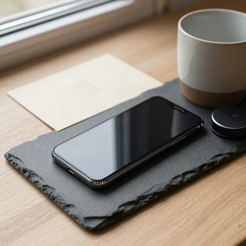 Top-down still life of a silent phone, charger puck, and mug on a slate tray over pale oak