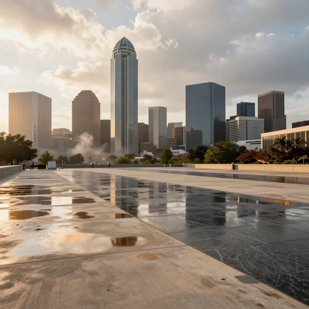 Dallas skyline with Reunion Tower over a rain-slick civic plaza at golden hour.