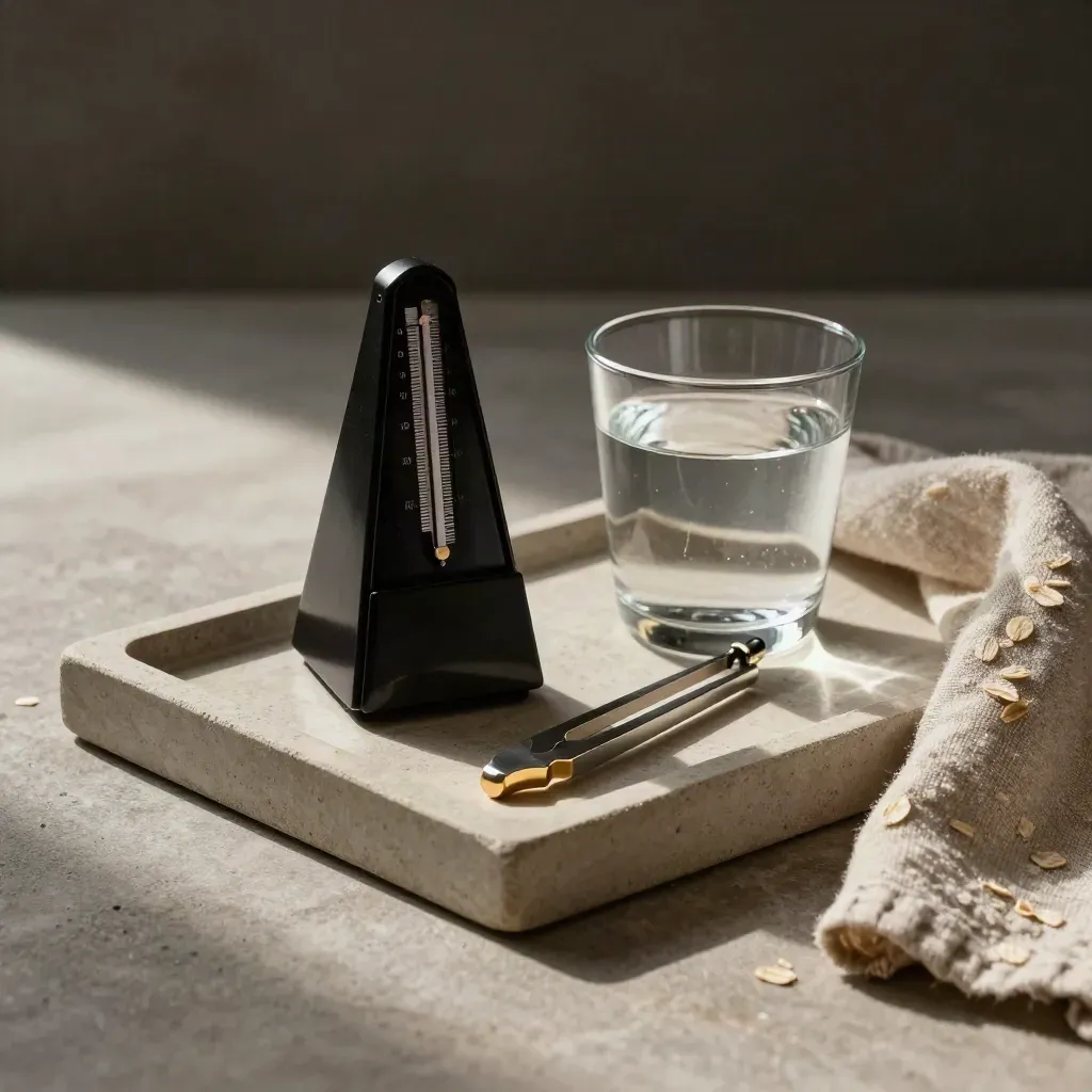 Metronome, tuning fork and water glass on a stone tray in a voice coaching still life.