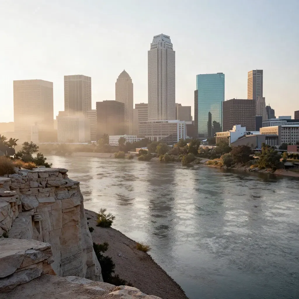 Hazy Austin skyline above the Colorado River bend at sunrise with calm water and limestone bluff