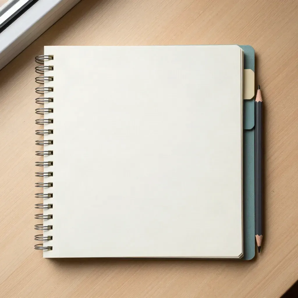 Overhead flatlay of a spiral notebook, three tabs, and a clipped pencil on pale wood