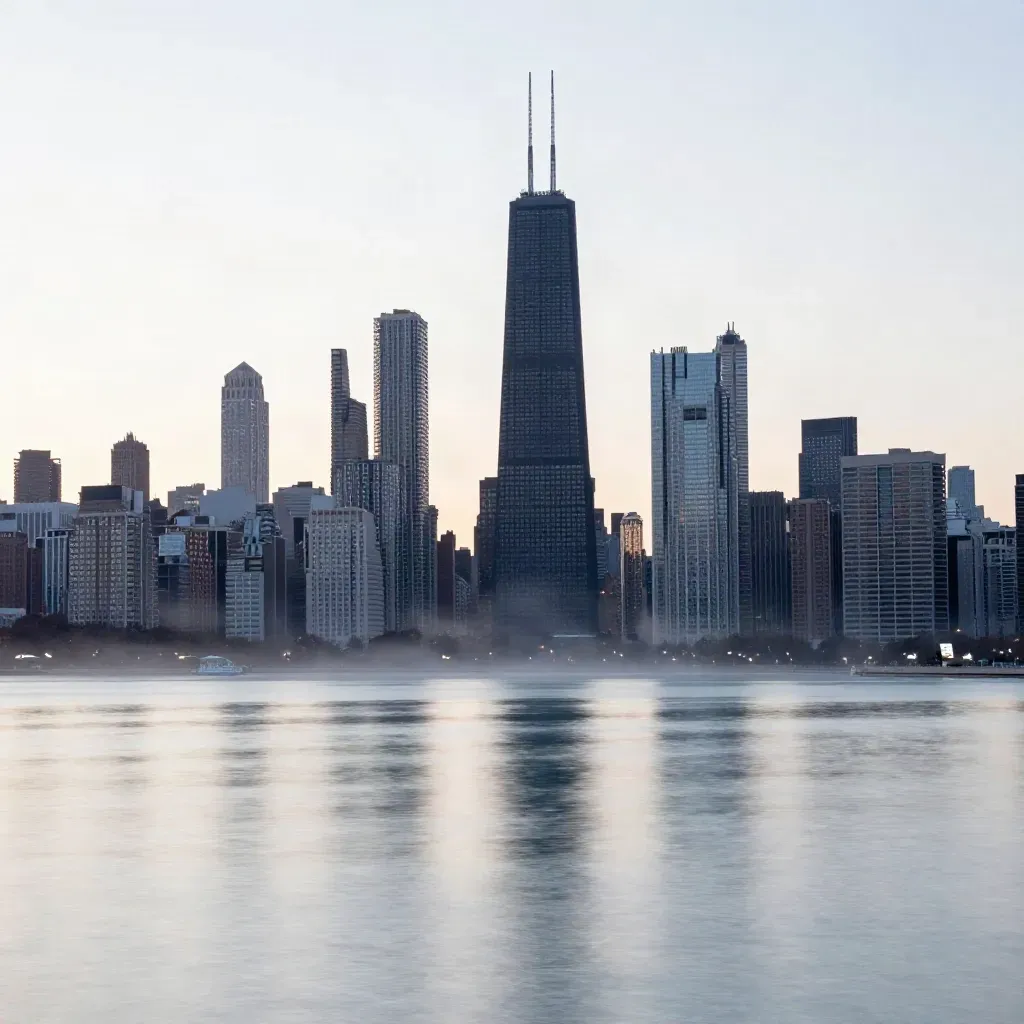 Chicago skyline in dawn haze above calm pale water, with open space for headline copy.