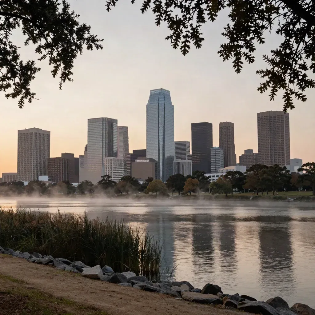 Houston skyline over Buffalo Bayou at dusk with live oaks, haze, and calm water