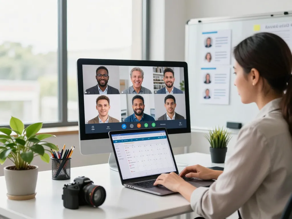 Automated phone interview in a modern office setting with HR manager using AI for efficient candidate screening
