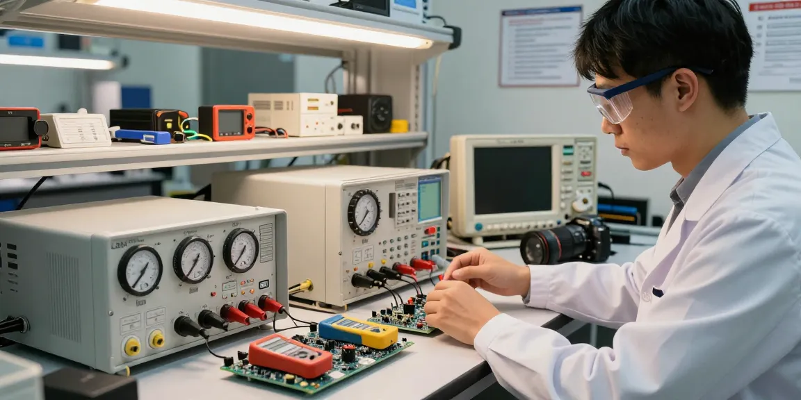 Lab DC Power Supply technician testing units in a professional electronics lab.