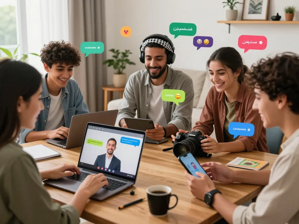 Engaging scene of شات فلسطين users having fun during lively online conversations.