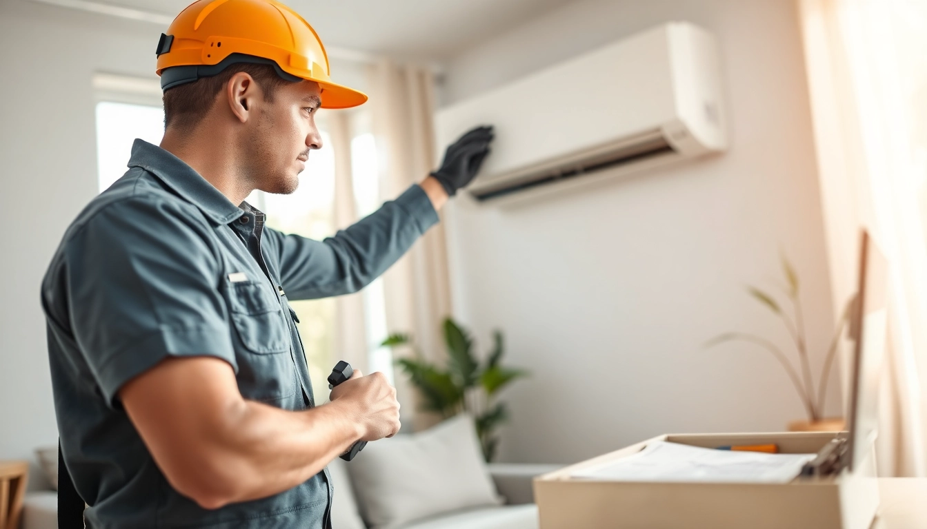 Technician performing Air Conditioning Repair Tampa in a bright living room.