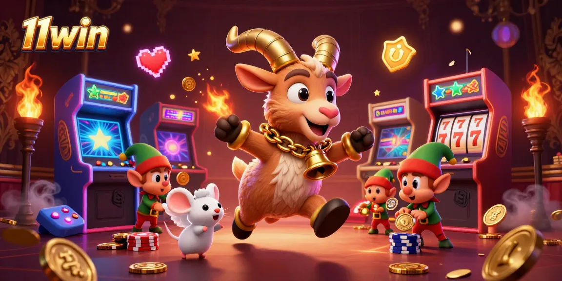 11win brings excitement to a festive casino scene with a Krampus goat, mischievous gremlins, and glowing game elements.