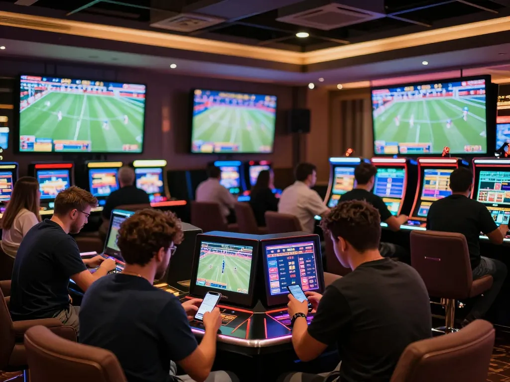 Fly88 sports betting scene with enthusiastic players checking odds and actively engaging.