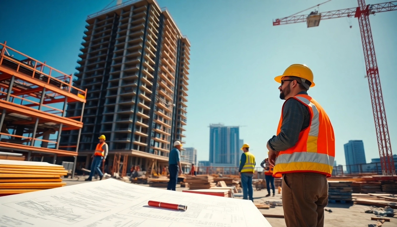 Manhattan General Contractor supervising construction site with workers and blueprints.