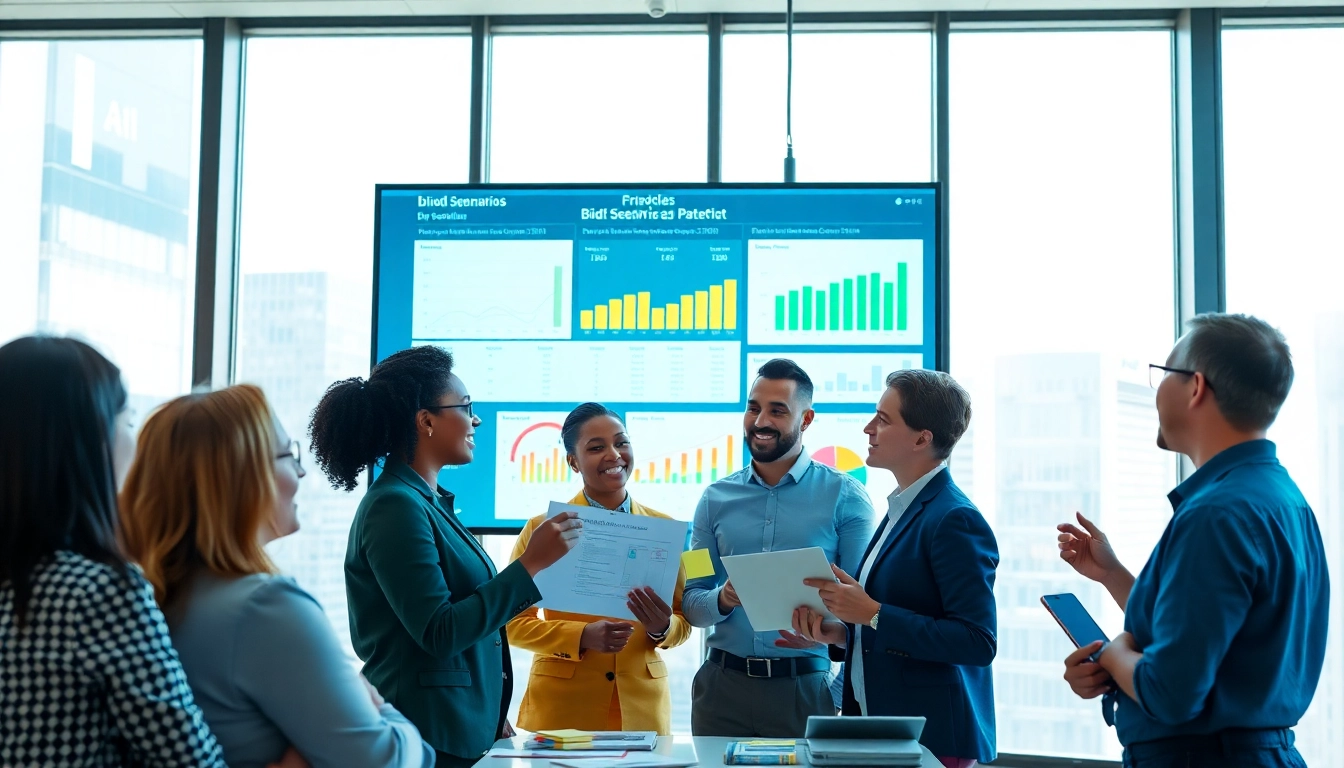 Conducting a Bid-No-Bid Analysis session with a professional team in an office environment.