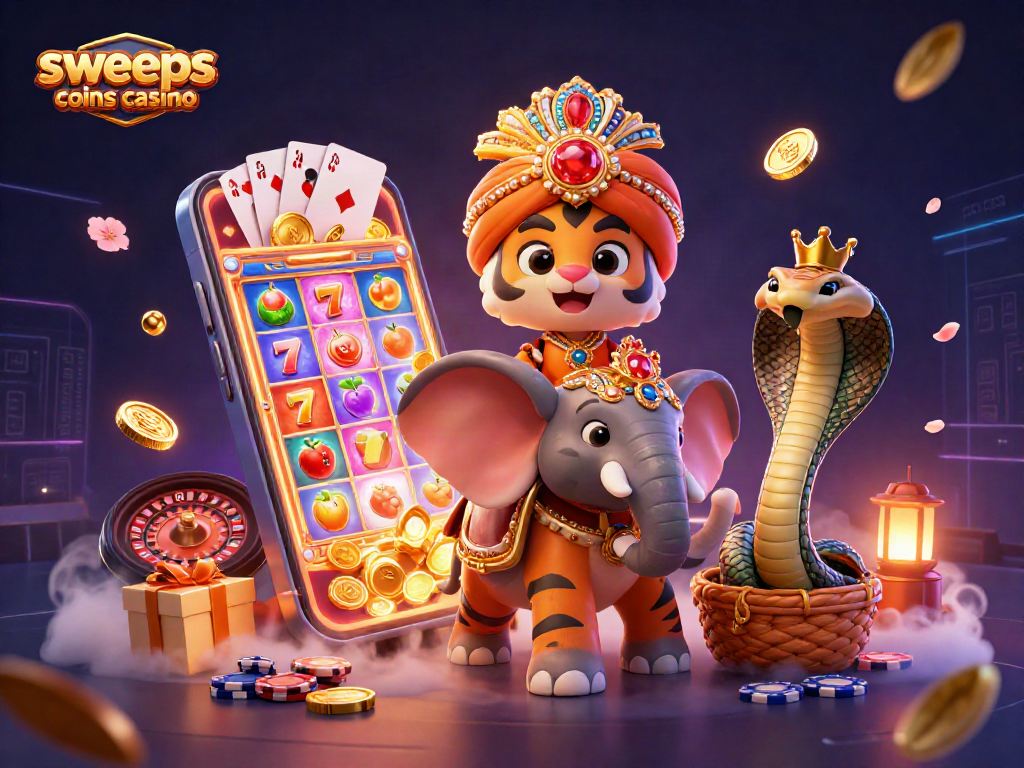 Experience thrilling action at sweeps coins casino with a vibrant 3D illustration of gambling elements.