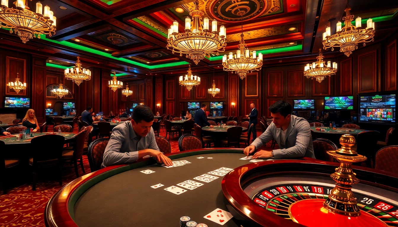 Players strategizing at a poker table in a luxurious casino setting at https://b52pm.com/ with vibrant gameplay.