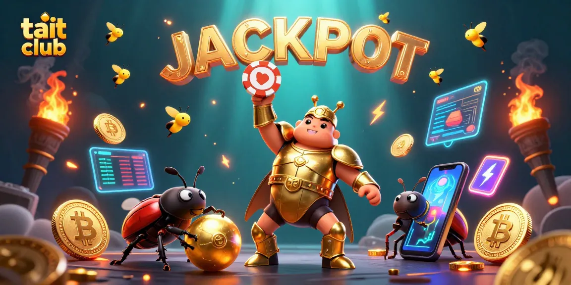 Experience the thrill of tai hit club with a triumphant character lifting a poker chip amidst crypto elements.