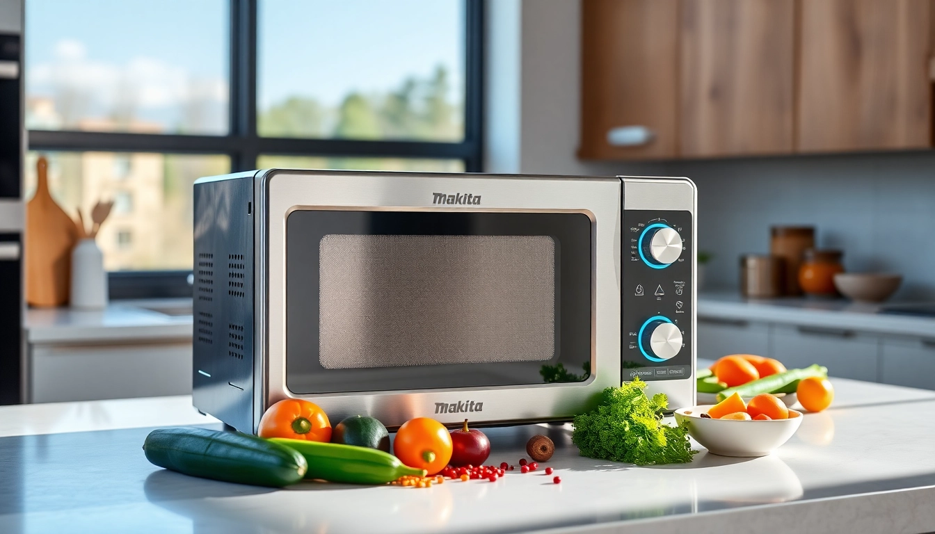 The Makita MW001GZ microwave efficiently cooking fresh ingredients in a modern kitchen.