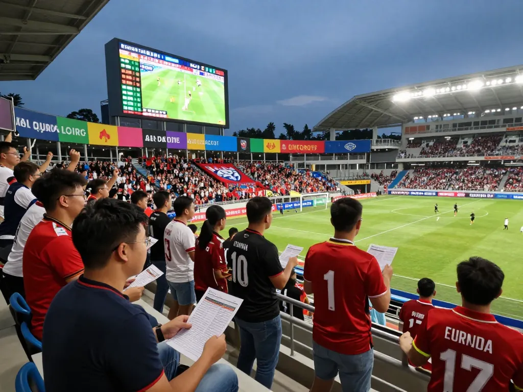 Excited fans enjoying kèo bóng đá betting atmosphere at a live football match in a vibrant stadium.