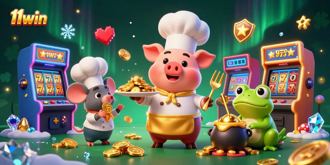 Win big at 11win with vibrant gaming scenes featuring gold coins, arcade machines, and lively characters.