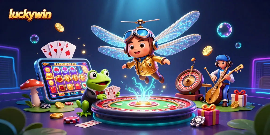 Win big with luckywin as a dragonfly pilot hovers over a vibrant casino scene.