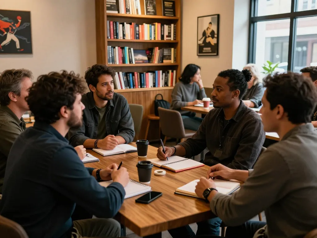 Engaging men club meetup promoting brotherhood and mental health support.