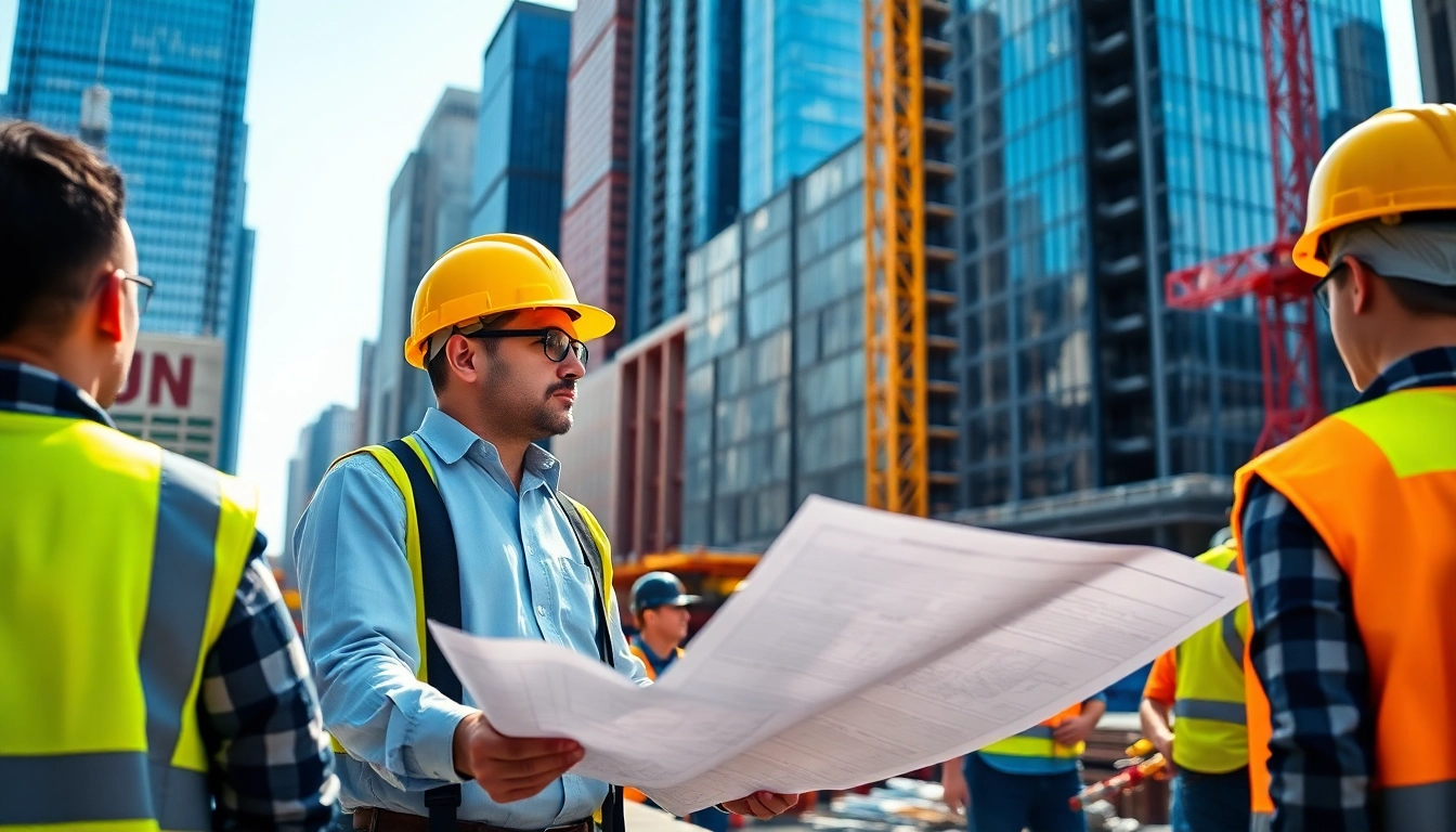 New York Construction Manager supervising a vibrant NYC construction site, highlighting teamwork and planning.