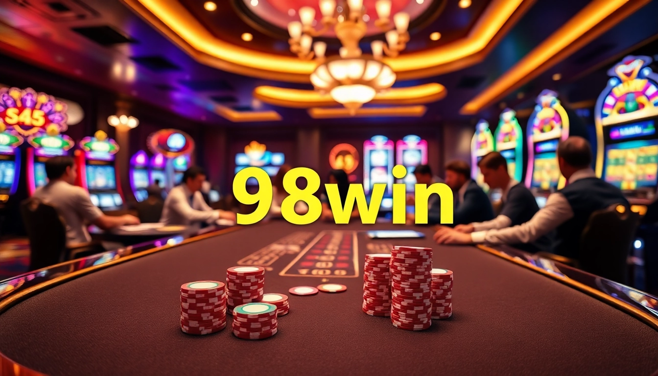 Players winning at blackjack table with poker chips showcasing 98win casino experience.