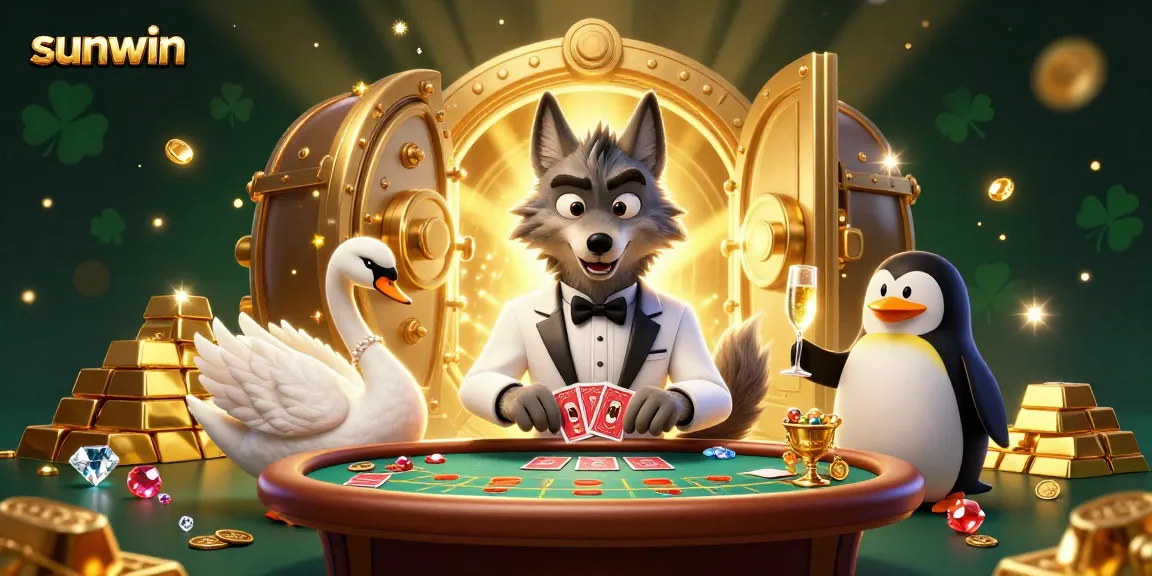 Experience excitement at Sunwin with a debonair wolf, swan dealer, and penguin sommelier amidst treasure and gems.