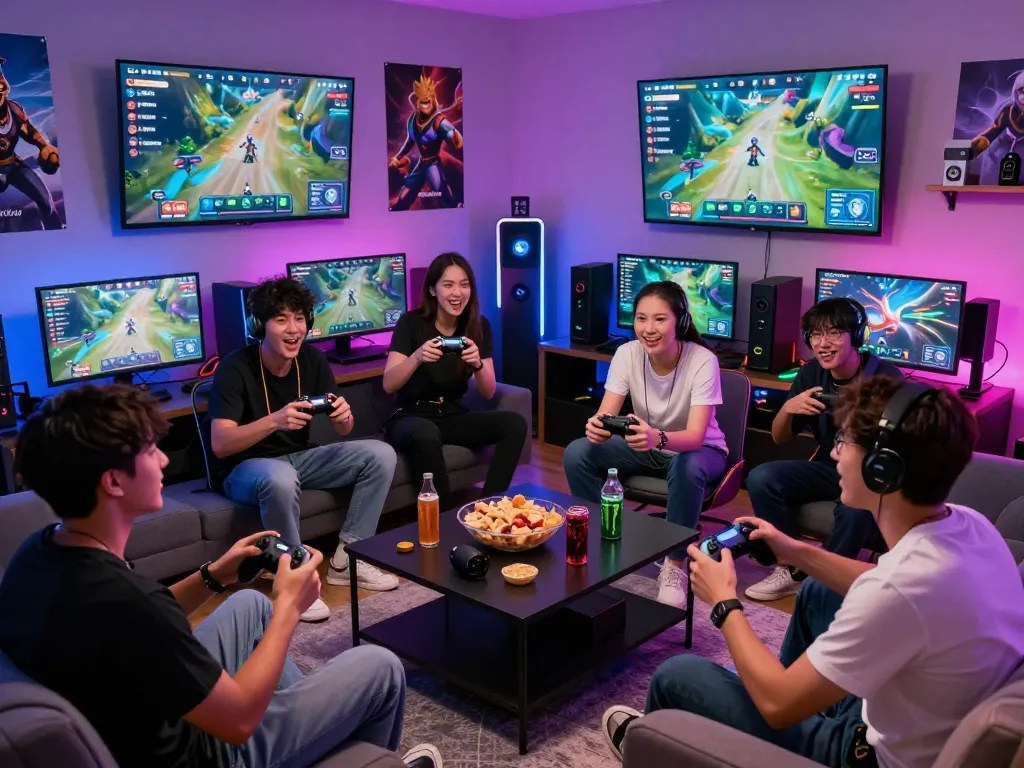 Friends enjoying an exciting gaming session with Sun Win in a lively setting.