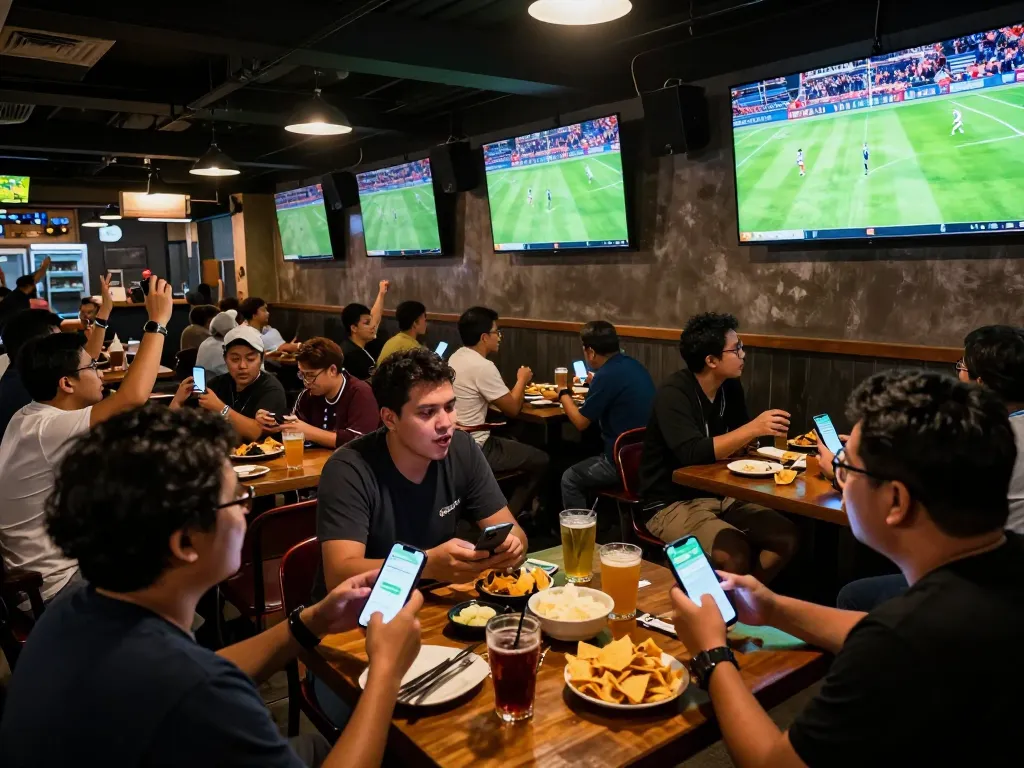 Para penggemar dengan antusias memasang taruhan pada Judi Bola sambil menonton pertandingan sepak bola secara langsung di bar olahraga yang ramai