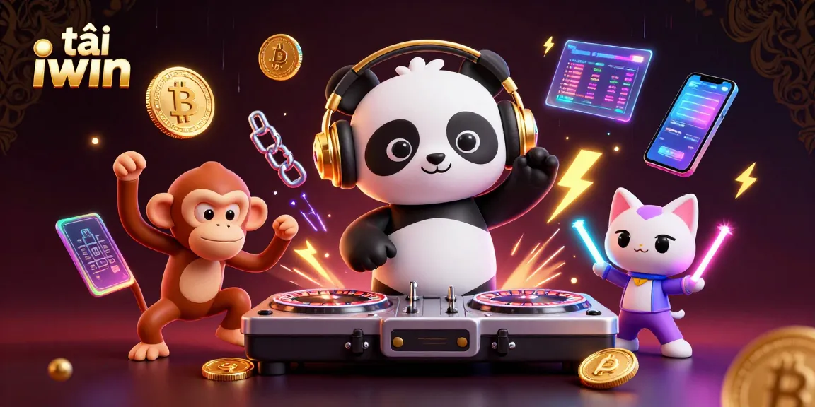 Win big while enjoying the lively scene of tải iwin featuring a DJ panda, dancing monkey, and glowing kitten amidst crypto elements.