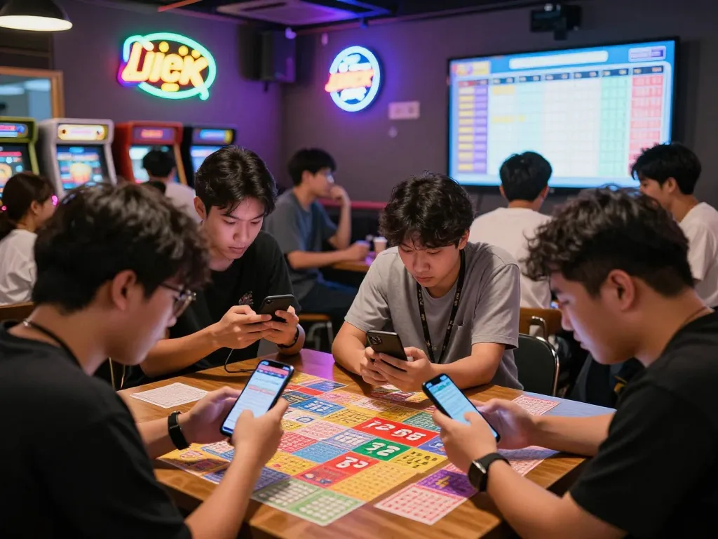 Pemain memeriksa hasil lotere Data HK di lounge permainan yang ramai.