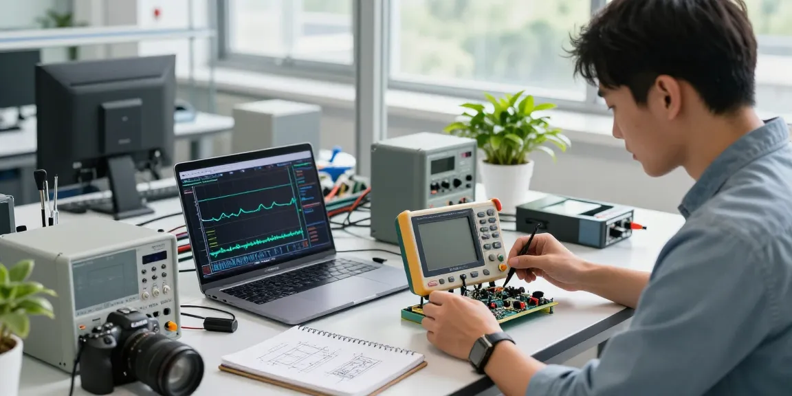 Engineer using a handheld oscilloscope in a bright lab setting, demonstrating electronic troubleshooting.