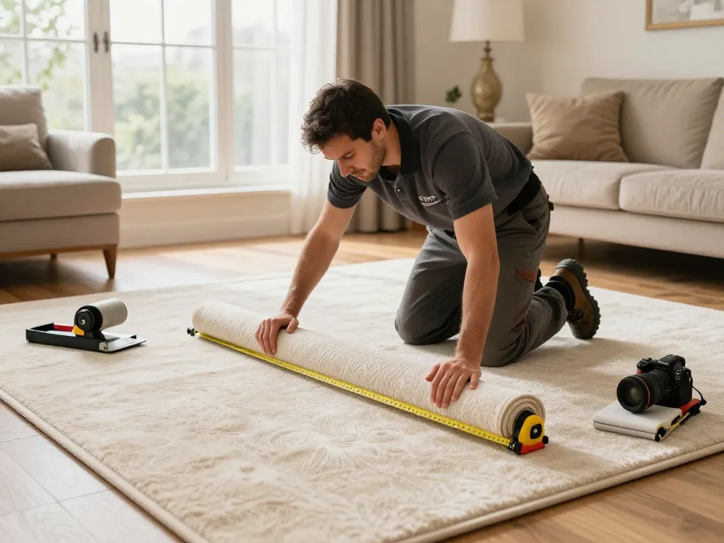 Professional carpet fitters near me installing luxurious carpet in a bright living room, showcasing expertise and tools.