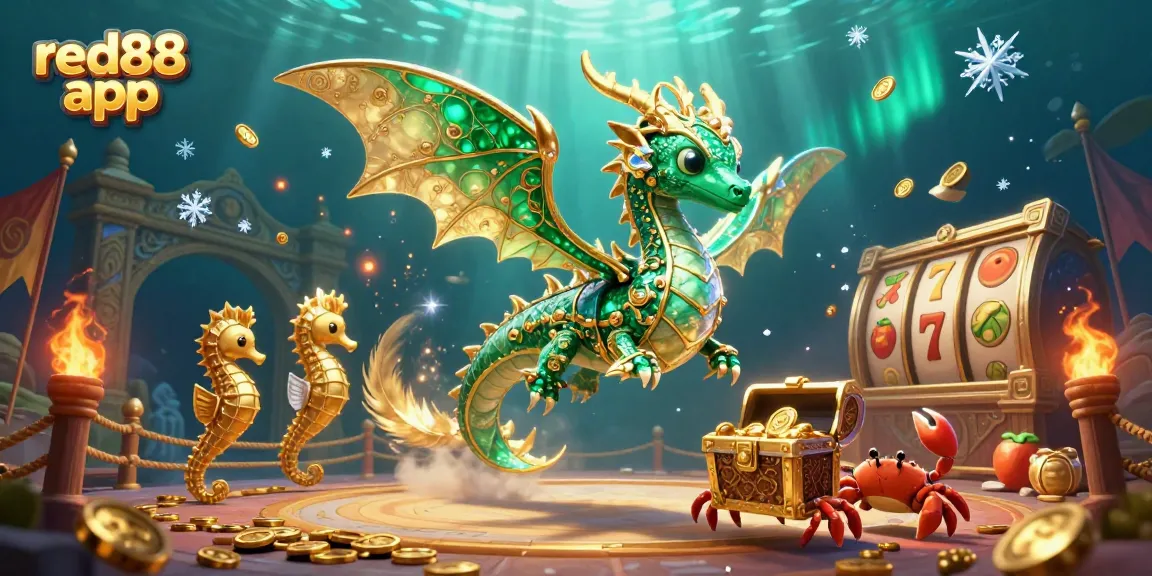 Experience the captivating world of the red88 app with a radiant sea dragon and treasure-filled scene.