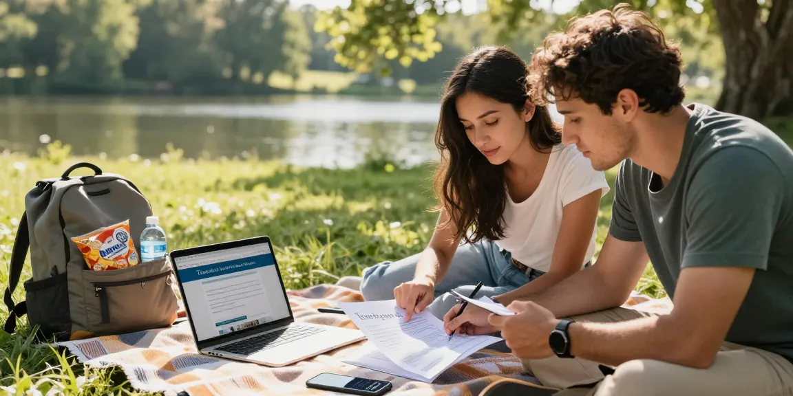 Couple considering how to cancel timeshare while enjoying nature, reviewing documents on a picnic blanket.