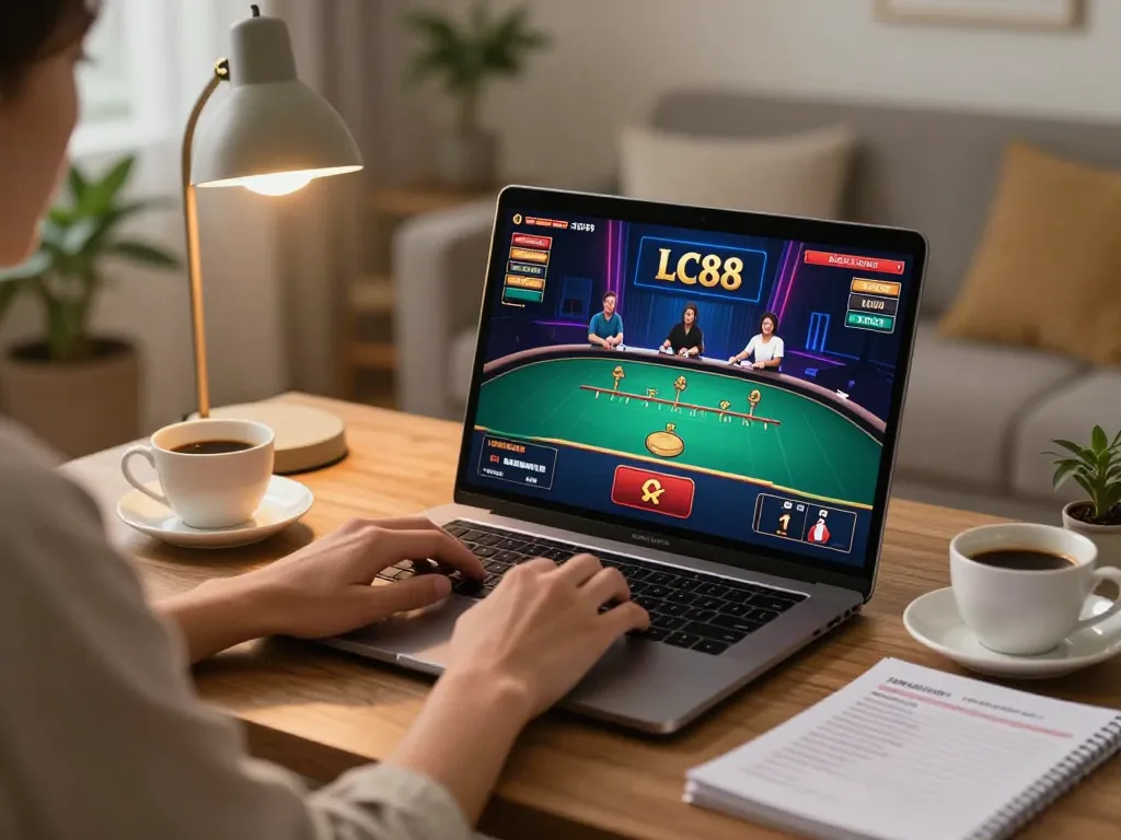 Engaging in LC88 đăng nhập while using a laptop for online casino games, showcasing cozy home gaming.