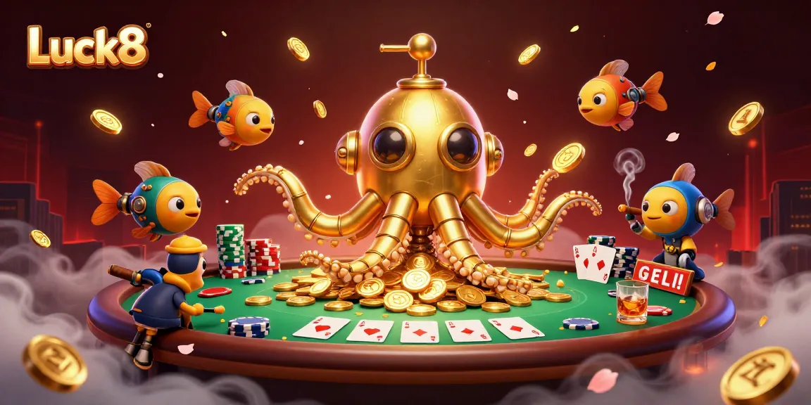 Engage in thrilling gameplay at Luck8, where a dazzling kraken submarine emerges amid golden chips and a poker showdown!