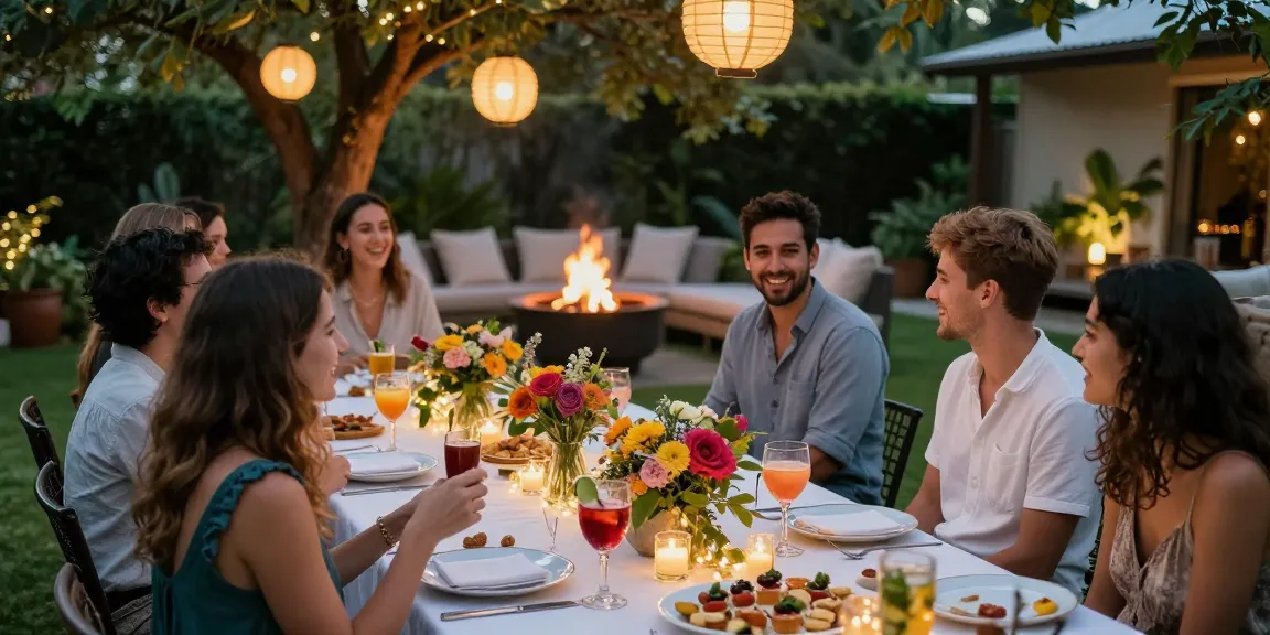 Gathering of friends at twilight showcasing entertaining blogs ideas for hosting perfect outdoor events.