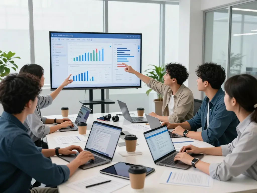 Collaborating team using WPS 下载 in a modern office for effective project management.