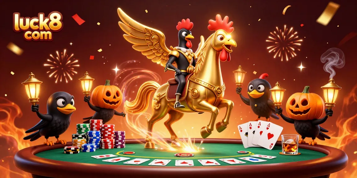 Experience luck8 com with poker action in a magical casino scene featuring golden rooster.