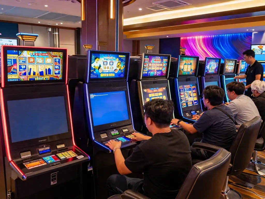 Exciting rokok88 slot gaming scene with players engaged at modern slot machines.